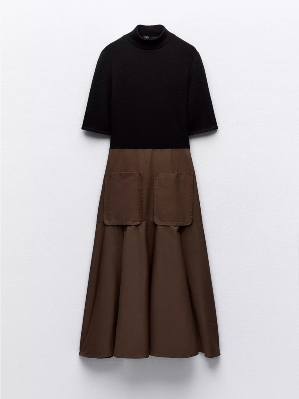 Zara Black & Brown Short-Sleeve Mock-Neck Contrast Midi Dress with Front Pockets